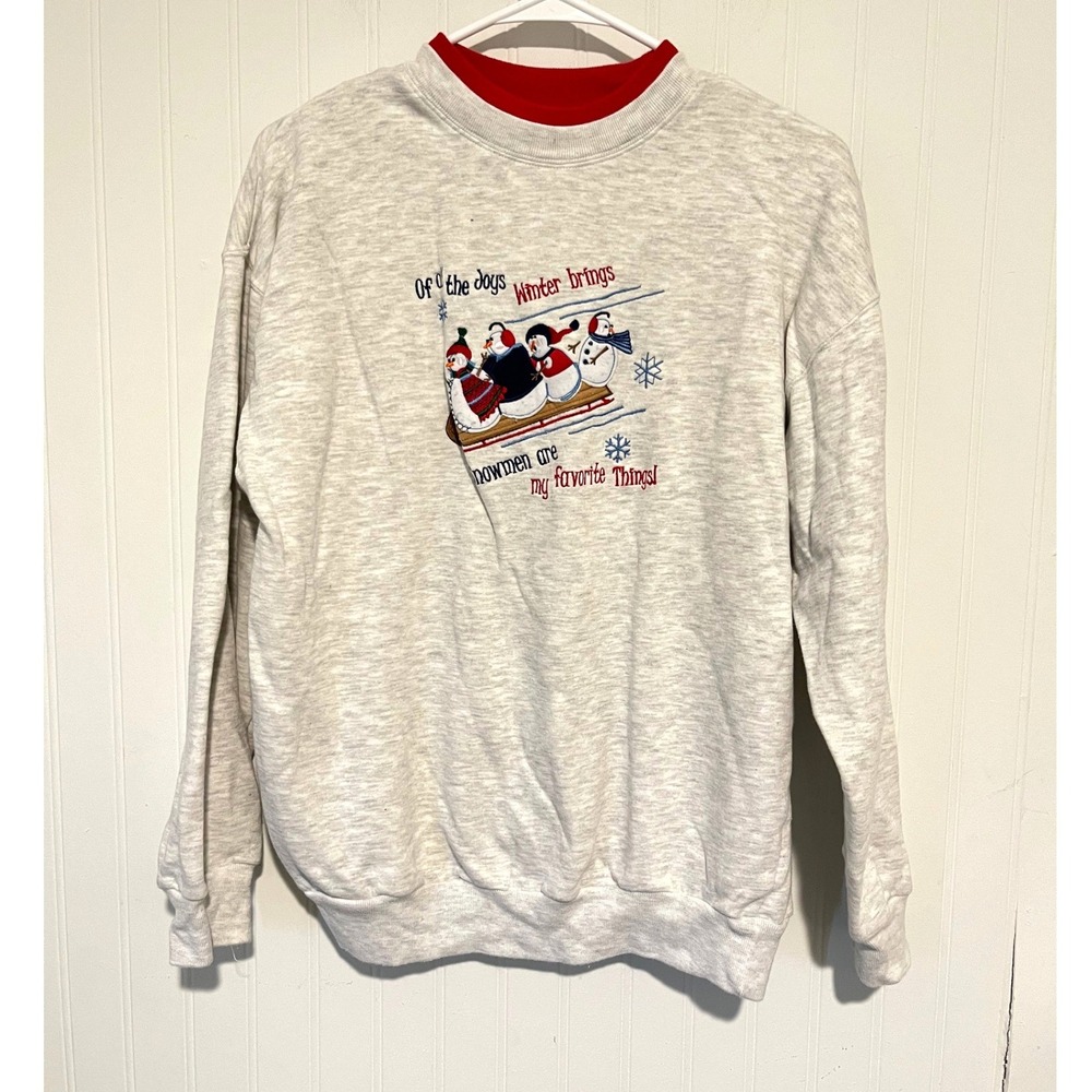 Vintage Sportswear Sweatshirt Women M Gray Snowman Embroidered Holiday Christmas